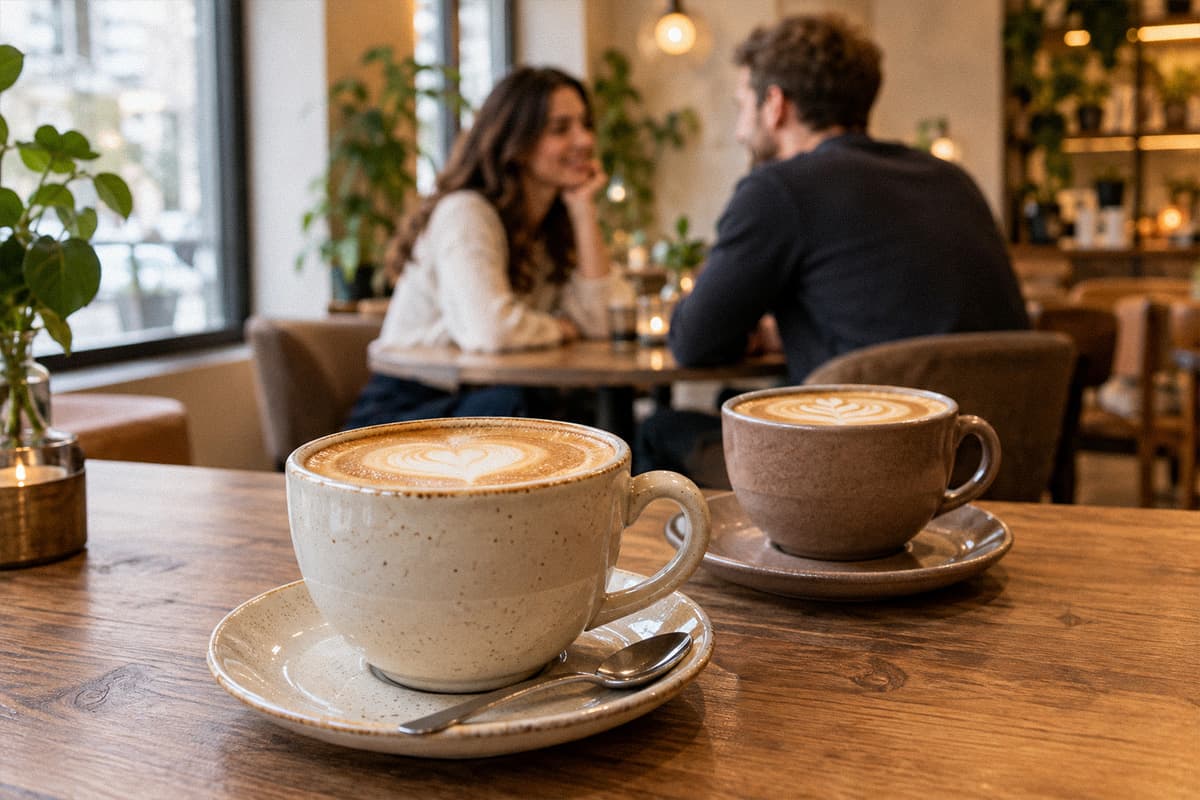 Zwei Tassen Kaffee auf einem Tisch in einem Café, im Hintergrund unterhalten sich zwei Menschen