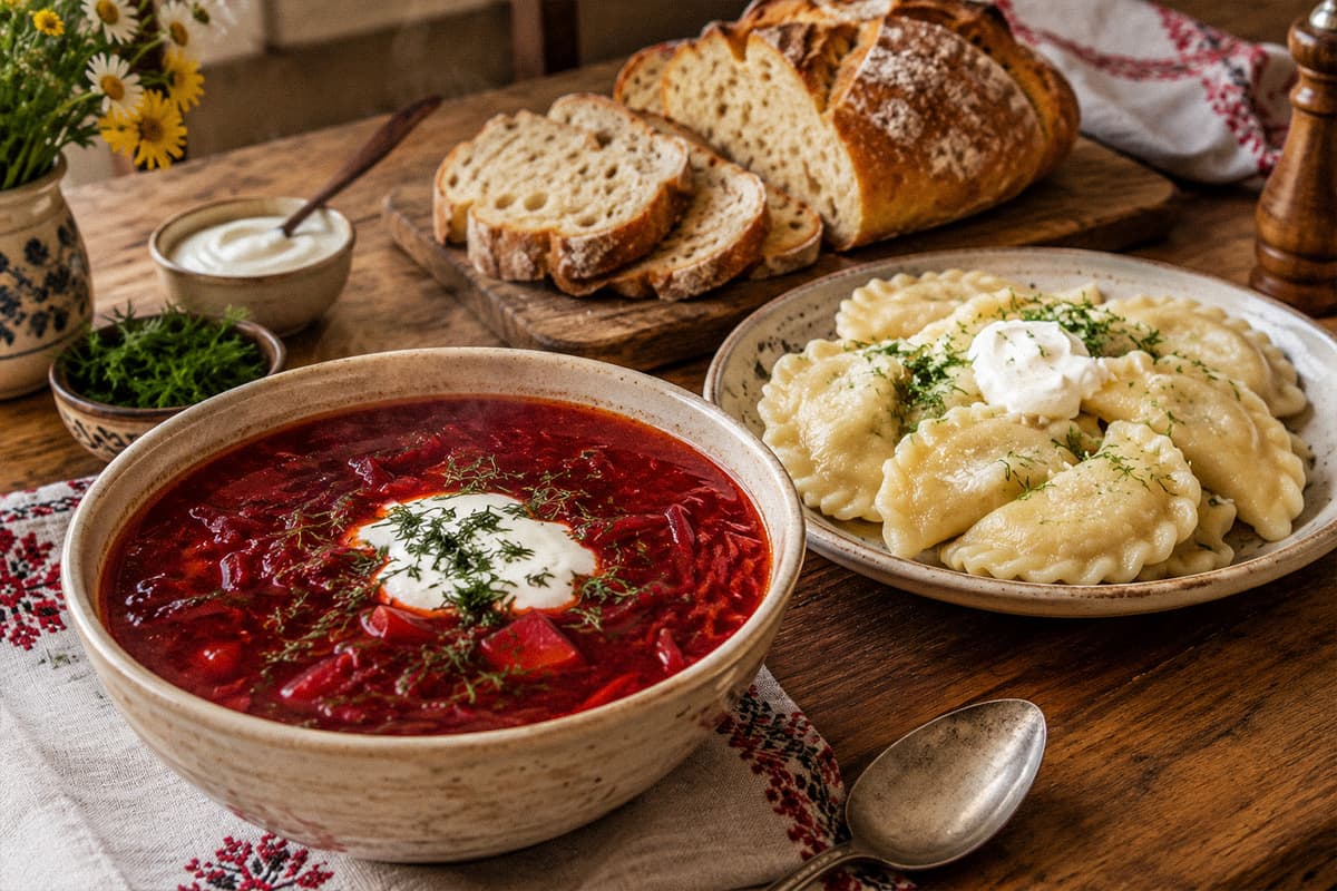 Gedeckter Tisch mit Borschtsch, Wareniki und frischem Brot