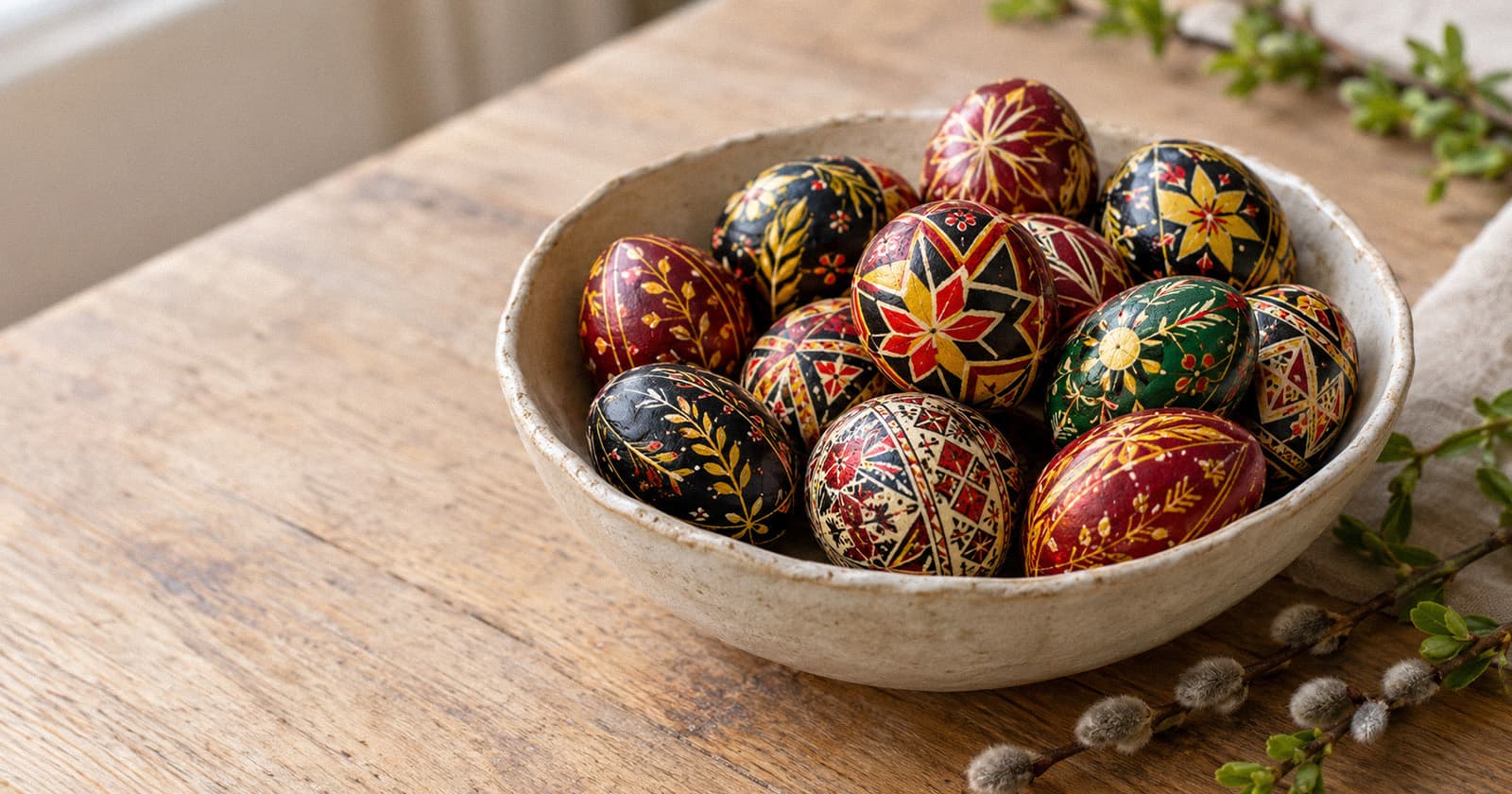 Bunt verzierte Ostereier (Pysanky) in einer Schale