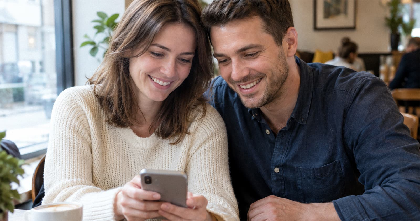 Frau und Mann schauen lächelnd gemeinsam auf ein Smartphone