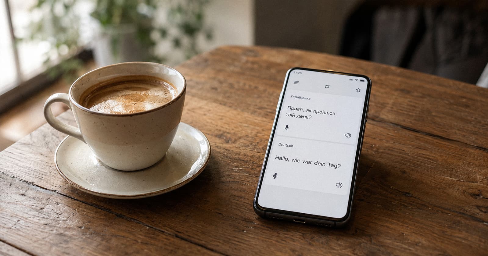 Smartphone mit Übersetzungs-App und Kaffeetasse auf einem Holztisch